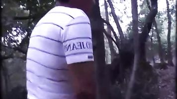 Dirty threesome in the woods with two men